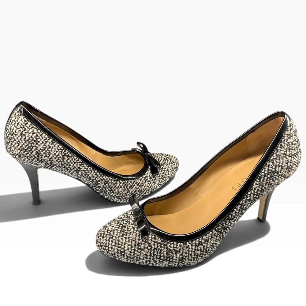 Talbots Black White Bouclé Tweed Patent Bow Pumps Heels Size 7.5 Classic Career